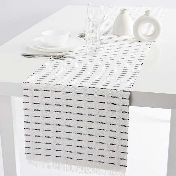 Ivory Reversible Ribbed Table Runner with Navy Blue Stripe Design, 14x72