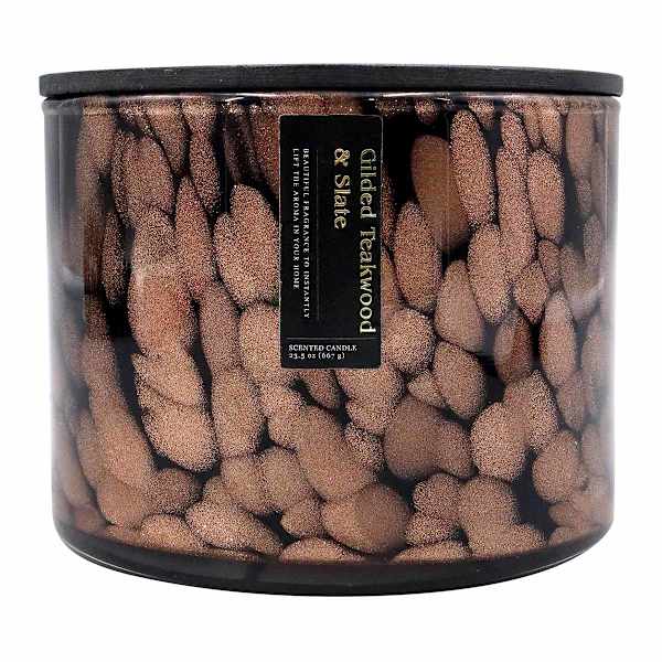 Gilded Teakwood Slate Scented Confetti Glass Jar Candle, 23.5oz