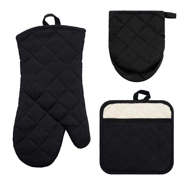 Set of 3 Black Pot Holder Oven & Mini Mitts