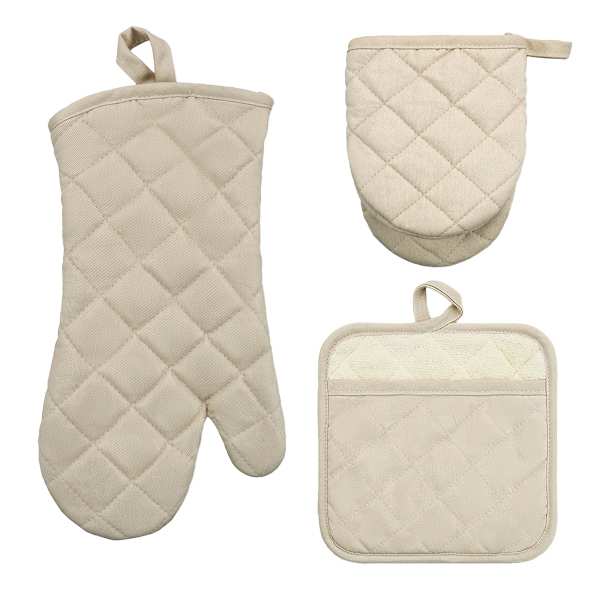 Set of 3 Taupe Pot Holder Oven & Mini Mitts