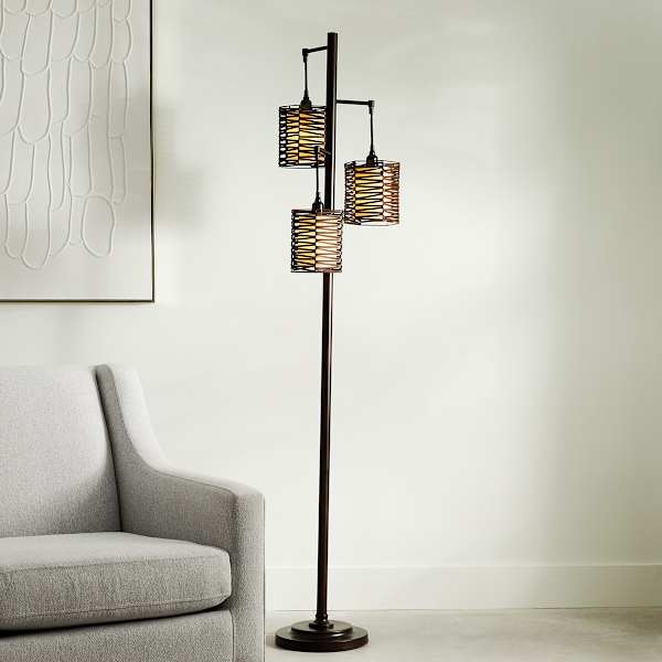 Bronze 3-Light Floor Lamp with Rattan Shades, 71"