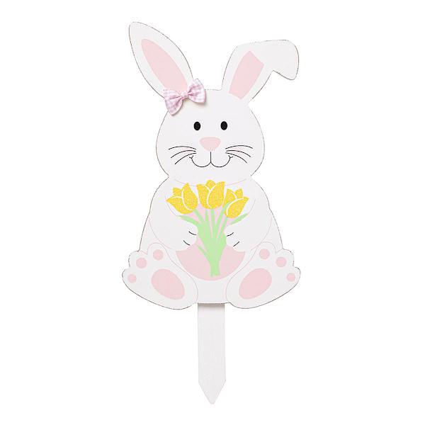 Homespun Easter Wooden Pink Bunny with Tulip Yard Stake, 14"