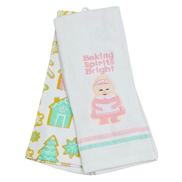 Mrs. Claus' Bakery Set of 2 Embroidered Sentiment & Printed Gingerbread Terry Kitchen Towels