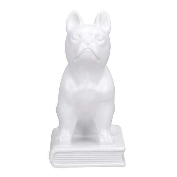 White Ceramic French Bulldog Sitting on Book, 8.5"
