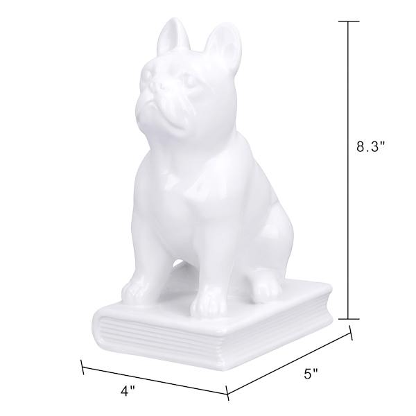 White Ceramic French Bulldog Sitting on Book, 8.5"
