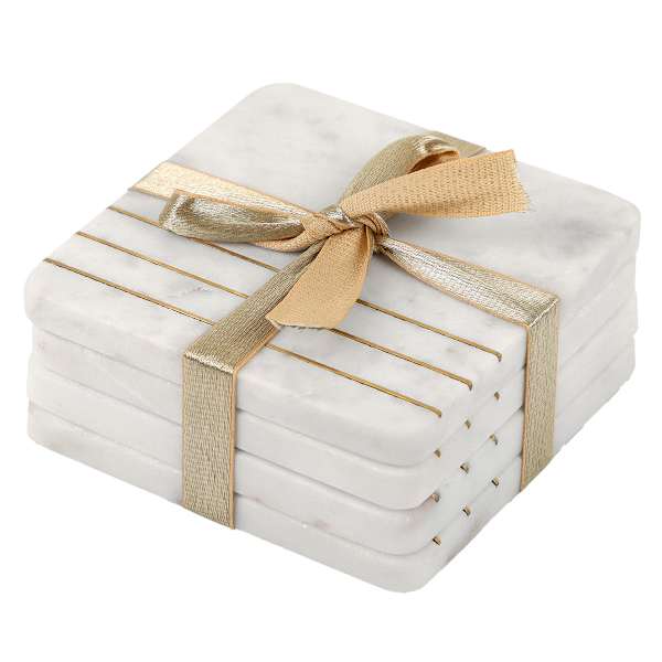 Set of 4 Marble & Brass Inlayed Coasters