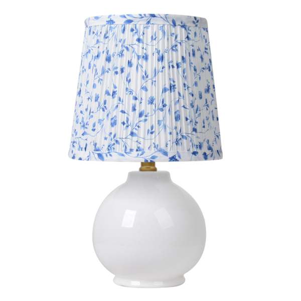 White Ceramic Small Lamp with Pleated Blue Patterned Shade, 17"