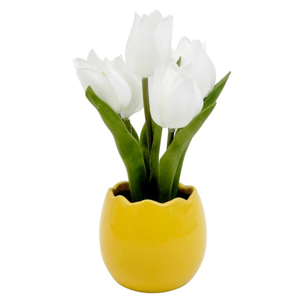 Homespun Easter White Tulips in Yellow Ceramic Egg Shaped Pot, 8 "