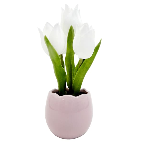 Homespun Easter White Tulips in Purple Ceramic Pot, 8"
