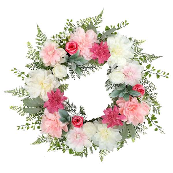 Dahlia, Mini Rose & Fern Grapevine Wreath, 24"