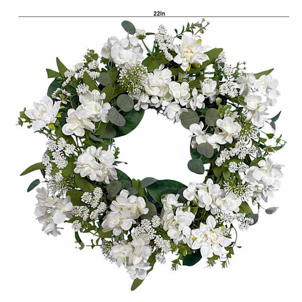 White Hydrangea & Leaves Wreath, 22"
