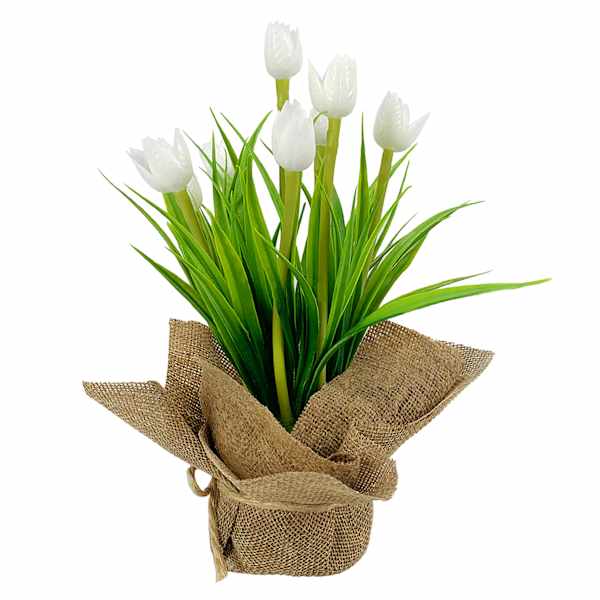 White Tulips in Flax Fabric Bag, 8"
