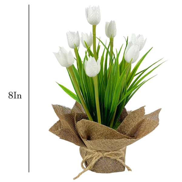 White Tulips in Flax Fabric Bag, 8"