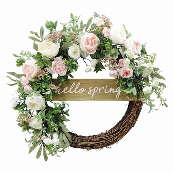 Hello Spring Pinks Roses & Leaves Floral Wreath, 24"