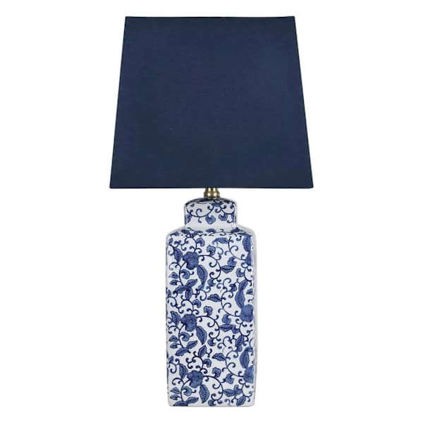 Navy Blue Chinoiserie Ceramic Medium Table Lamp with Navy Blue Shade, 24"