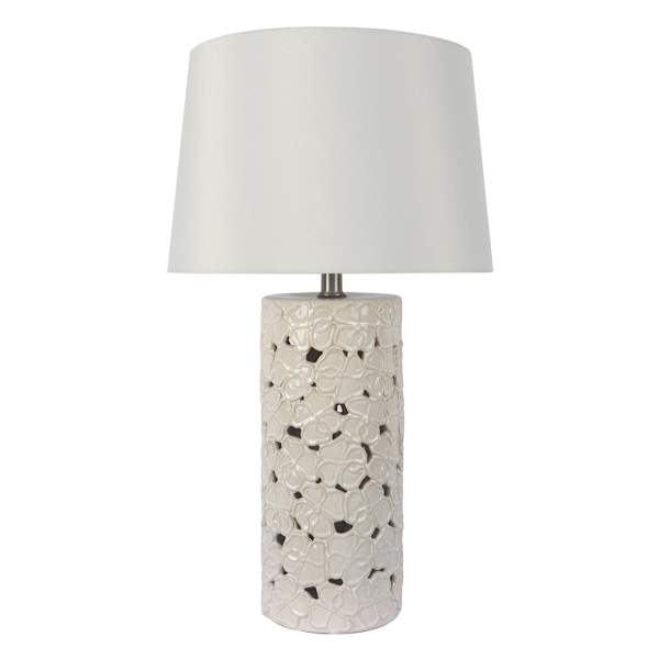 White Ceramic Floral Cutout Medium Table Lamp with Shade, 25"