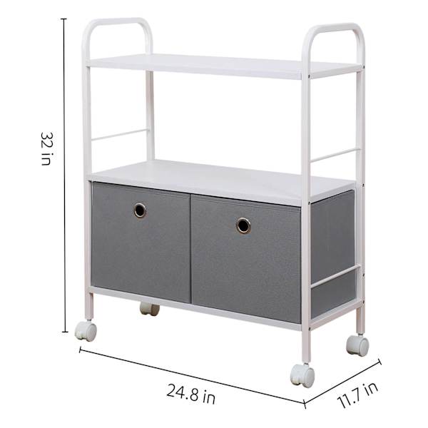 2-Tier Metal & Wood Cart with 2 Modular Cubes, White