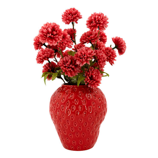 Red Zinna in Strawberry Pot, 12"