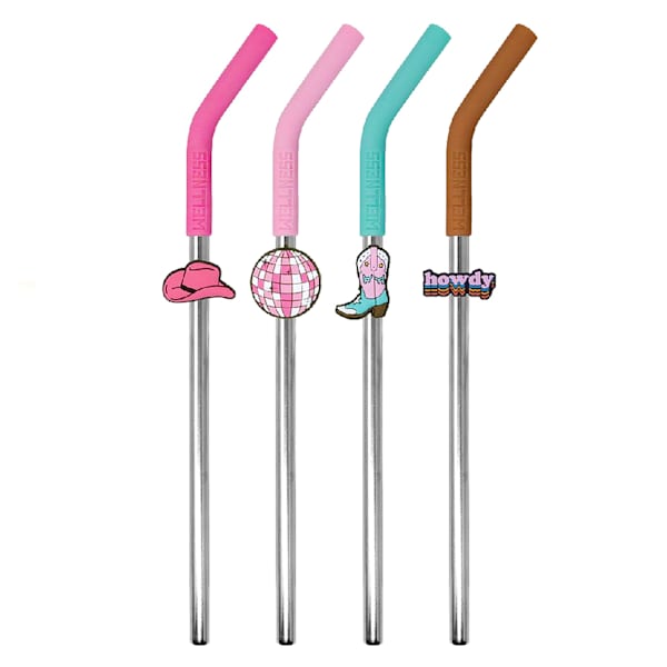 4-Pack Disco Cowboy Charm Stainless Steel Straw Set
