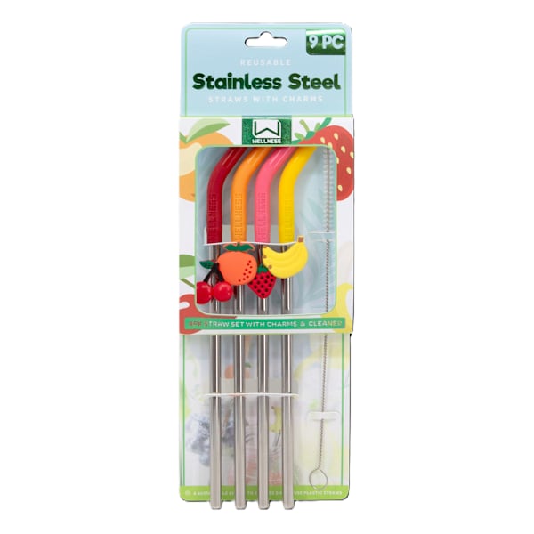 4-Pack Fruit Charm Stainless Steel Straw Set