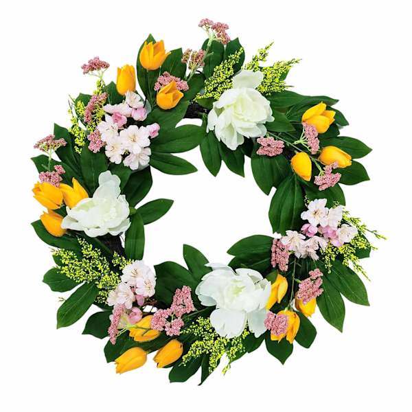 Yellow Tulip & White Peony Wreath, 24"