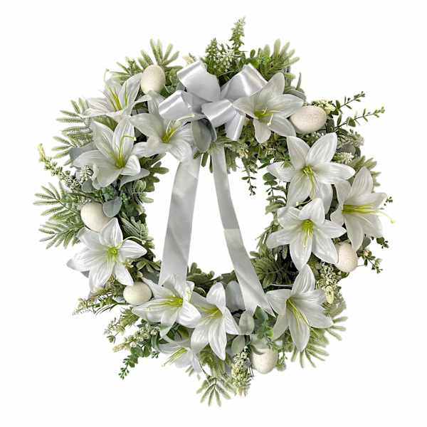 White Lily Wreath with Bow, 21"