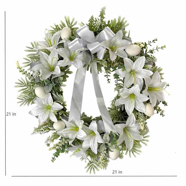 White Lily Wreath with Bow, 21"