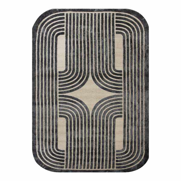 (B894) Back & Beige Oval Geometric Area Rug, 5x7