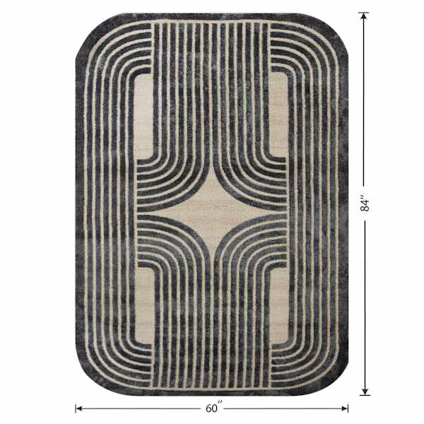 (B894) Back & Beige Oval Geometric Area Rug, 5x7