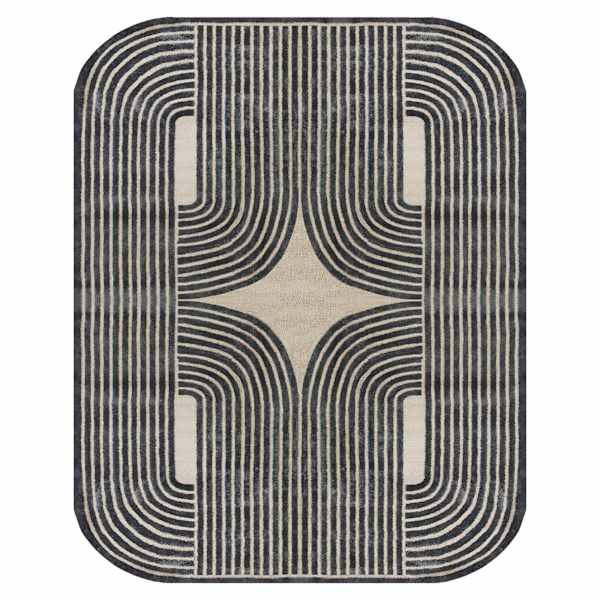 (B894) Black & Beige Oval Geometric Area Rug, 8x10