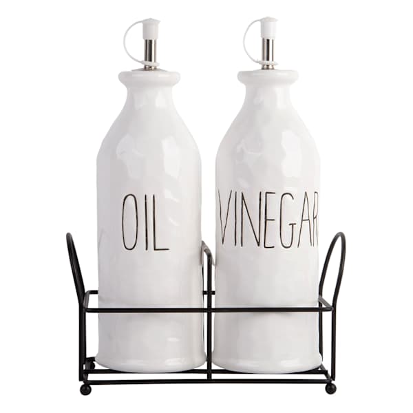 Set of 2 White Oil & Vinegar Bottles with Metal Rack