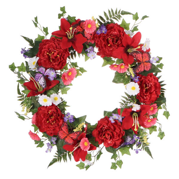 Red Butterfly & Blooming Flowers Wreath, 22"