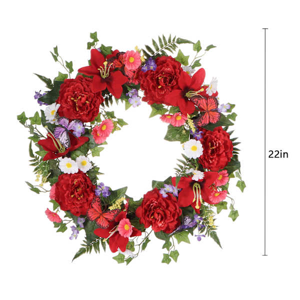 Red Butterfly & Blooming Flowers Wreath, 22"