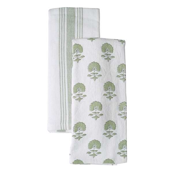 Set of 2 Green Floral Print Terry Cotton Kitchen Towels