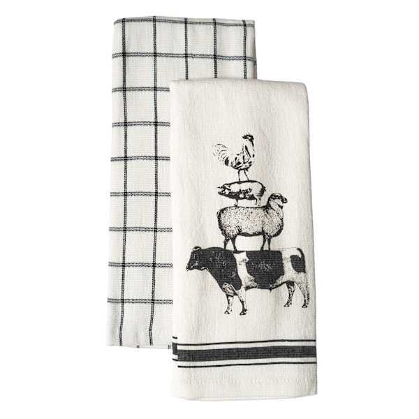 Set of 2 Black Farm Animals Print Terry Cotton Kitchen Towels