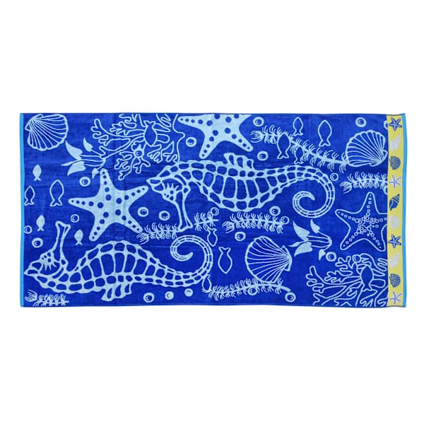 Blue Seahorse Jacquard Velour Beach Towel, 34x64
