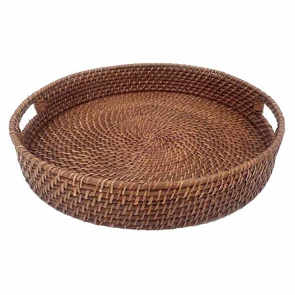 Brown Round Rattan Tray, 17.3"