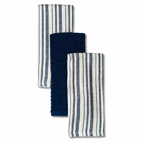 Set of 3 Blue Lakewood Reverse Terry Cotton Kitchen Towels