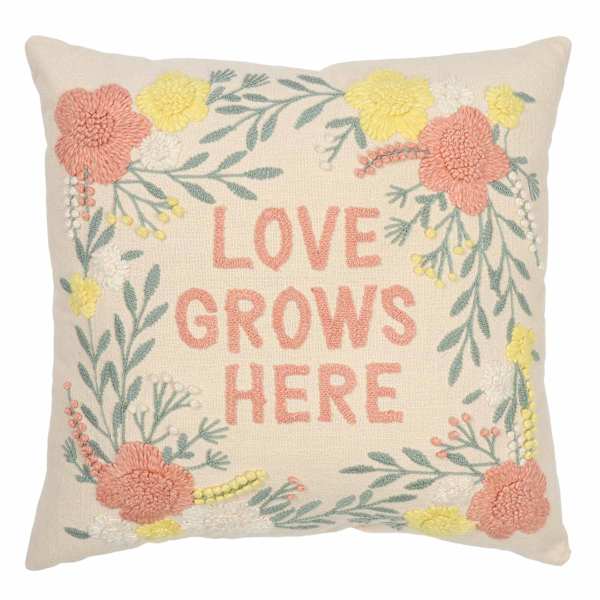 Love Grows Here Pink Embroidered Easter Throw Pillow, 18"
