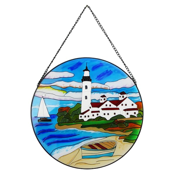 Stained Glass Lighthouse Sun Catcher Outdoor Wall Decor, 10"
