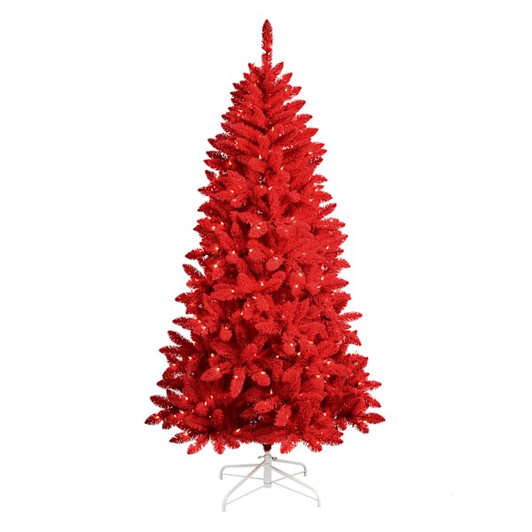(A30) Pre-Lit LED Red Flocked Fir Christmas Tree, 6.5'