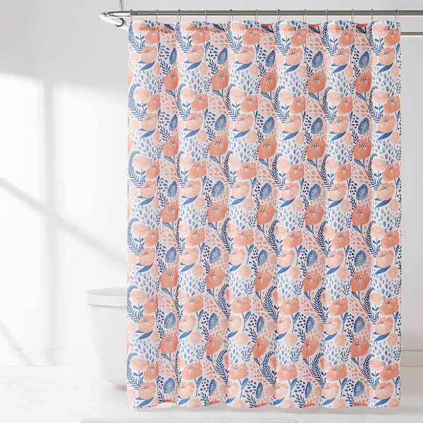 13-Piece Coral Poppy Garden Print Shower Curtain Set, 72"