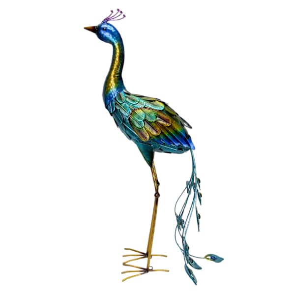 Green & Blue Metal Peacock Outdoor Garden Statue, 35.5"