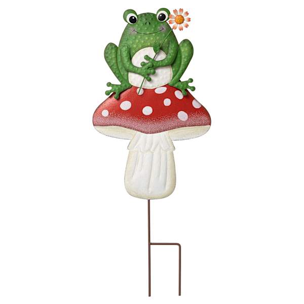 Frog Sitting On a Mushroom Metal Yard Stake, 30"