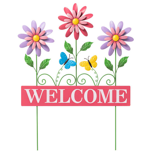 Metal Welcome Spinner Flower Yard Stake, 28"