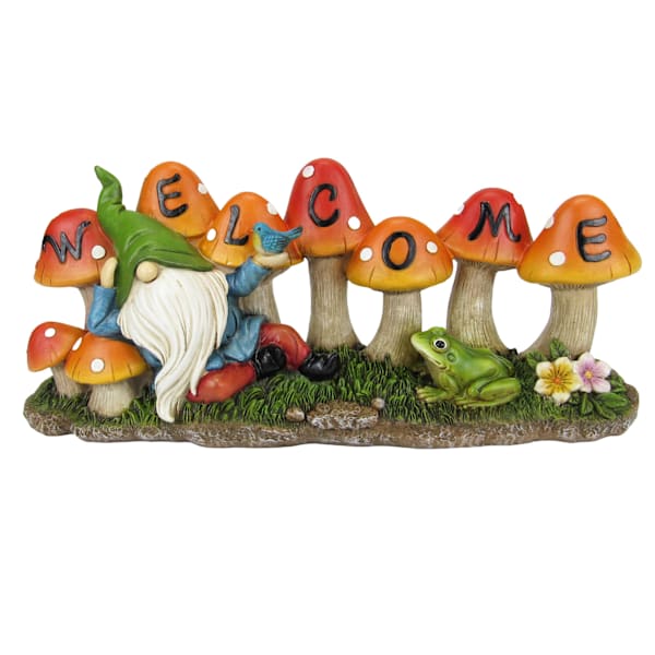 Welcome Mushroom Gnome Outdoor Garden Statue, 12"