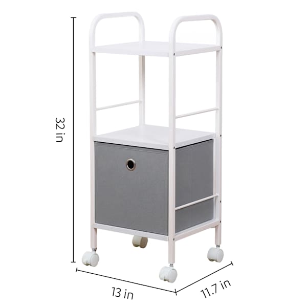 2-Tier Metal Wood Cart with Modular Cube, White