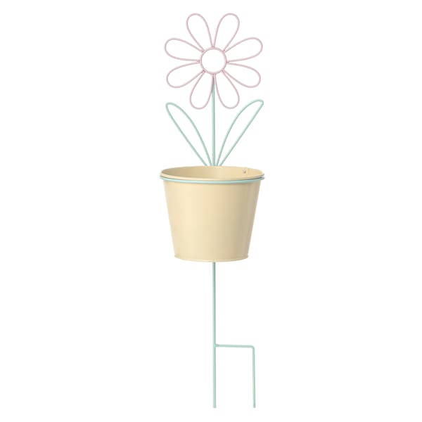 Pink Flower Metal Yard Stake with Yellow Planter, 24"