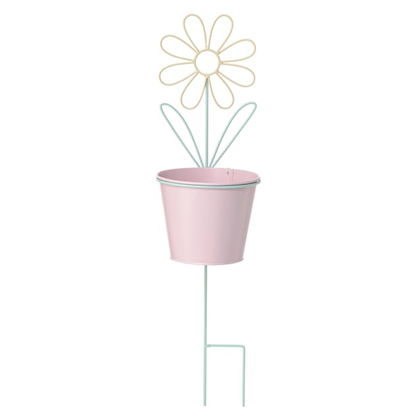 Yellow Flower Metal Yard stake with Pink Planter, 24"