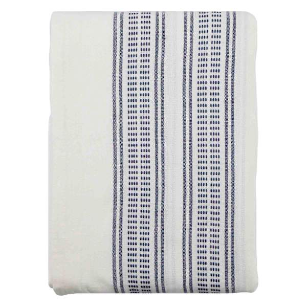 White Dobby Tablecloth with Blue Tribal Stripes, 60x84